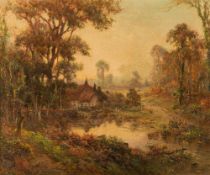 William Cox [late 19th Century] Cottages in a wooded clearing; Sunset,:- a pair,
