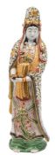 A large Japanese porcelain figure of Kannon: modelled holding a scroll and wearing elaborate floral