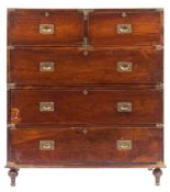 A 19th Century teak and brass bound military chest:, in two parts,