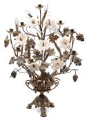 A 19th century gilt brass candelabra: of arched outline with opaque white glass flowers and gilt