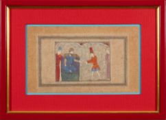 A Persian illuminated page: depicting the arrival of a messenger to court, 13 x 22cm,