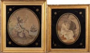 A Regency silkwork picture,: depicting Britannia: with man-o-war in the background,