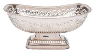 A George V silver pedestal basket, maker G Bryan & Co, Birmingham, 1933: of rectangular outline,