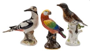 A group of three Meissen models of birds: comprising a greater spotted woodpecker,