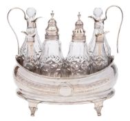 A George III silver cruet stand, maker unknown, London, 1801: of barge-shaped outline,