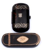 A 19th century tortoiseshell and gold toothpick box: initialled, of rectangular outline,