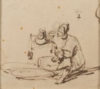 George Chinnery ]1774-1852]- A Chinese street hawker holding a hand scale; Wooden buckets and a hat,