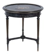 A Victorian ebonised, gilt decorated and inlaid marble circular centre table:,