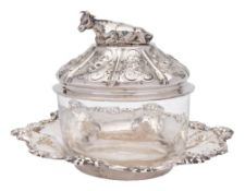 A Victorian clear glass and silver butter dish, stand and cover, maker H J LIas & Son, London,