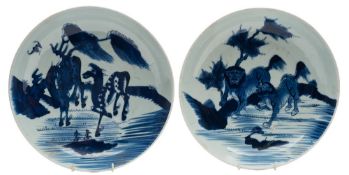 Two Chinese porcelain shallow dishes: each painted in blue, one with a pair of horses and a bat ,