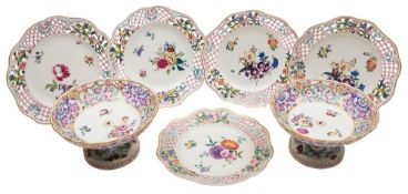 A pair of Meissen porcelain comports and a set of five Herend dishes: with pierced rims and