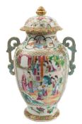 A Canton porcelain two-handled jar and cover: of footed oviform with domed,
