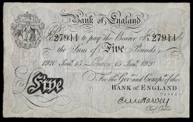 A George V Bank of England five pound banknote: issued 15th January, 1920, Chief Cashier E.M.