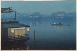 Tananchi [20th Century Japanese]- Lantern lit river scenes; a River Landscape:- three,