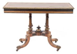 A Victorian ebonised, burr walnut inlaid ad gilt brass mounted rectangular centre table:,