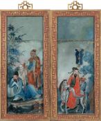 A pair of early 19th century Chinese reverse glass paintings: depicting two figures seated on a