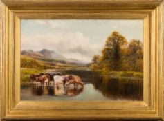 William Vivian Tippett [1833-1910]- Cattle watering in an upland landscape,:- signed oil on canvas,
