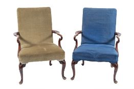 A pair of stained mahogany open armchairs in the George II taste:,