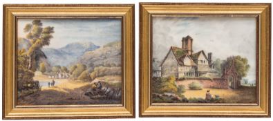 A pair of English porcelain topographical plaques: one painted with a named view 'Cottage built at