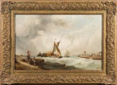 Alfred Montague [1832-1883]- Hay barge off-shore entering a channel, figures in the foreground,