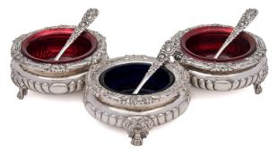 Three Edward VII silver salts, maker Joseph Henings & Co, London, 1909: of circular form,