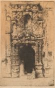 David Young Cameron [1865-1945]- 'Harfleur'; figure outside a church,:- etching,