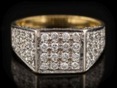 An 18ct gold and diamond square cluster ring: with square cluster 9mm wide and tapering shoulders