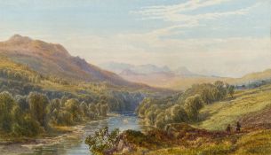 John Faulkner [1835-1894]- Valley river landscape, sportsmen in the foreground,