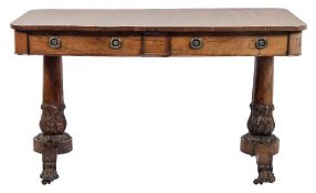 A William IV rosewood rectangular library table:, the top with rounded corners,