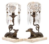 A pair of Regency gilt gesso table lights: each with cut glass petal shaped sconces,