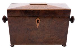 A Regency burr yew and boxwood strung tea caddy: of sarcophagus outline,