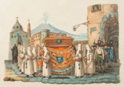 Neapolitan School 19/20th Century- A funeral procession, Vesuvius in the distance,