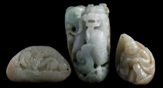 A group of three Chinese carved jade pendants: the largest in the form of a dragon and serpent, 7.