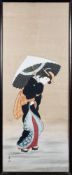 After Kurihara Gyokuyo, Geisha girl in a snowstorm:, painting on silk, 128cm. x 50cm.