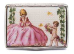 An Austrian silver gilt and enamel box: the hinged lid decorated with a female seated in a pink