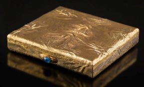 A 9ct gold samodorok cigarette case: with oval cabochon sapphire thumb piece, London Assay marks,