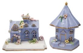 A mid 19th century English lilac ground porcelain cottage pastille burner and one similar: the