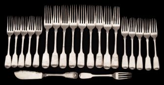 A set of six Victorian provincial silver Fiddle pattern table forks, maker Robert Williams, Exeter,