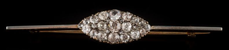 A 19th century diamond mounted bar brooch: with central marquise-shaped cluster of graduated old