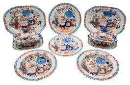 A Masons Patent Ironstone China dinner service: decorated in an Imari pattern,