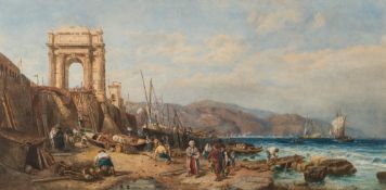 After Clarkson Stanfield [19th Century]- Ancona and The Arch of Trajan:- beach scene with figures