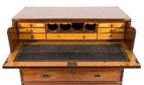 A 19th Century mahogany and brass bound secretaire military chest:, in two parts,