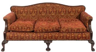 A carved mahogany settee in the Georgian taste:, upholstered to match the pair of open armchairs,