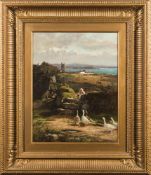 British School 19th Century, initialled JGB- Young girl and geese at a stile,