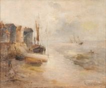 Gustave de Breanski [1856-1898]- Sunset estuary scene; Fishermen at low tide,:- two,