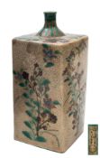 A Japanese Ko-Kiyomizu crackle glazed sake bottle [tokkuri]: of square section enamelled with