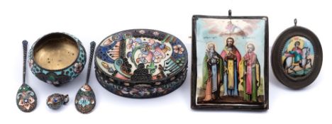 An Imperial Russian silver and enamel box, bears Kokoshnik mark for 1908-26: of oval outline,