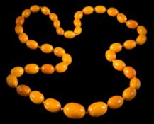 A graduated amber bead single-string necklace: comprising 42 individually knotted,