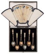 A set of Elizabeth II silver gilt and enamelled coffee spoons, maker Turner & Simpson, Birmingham,