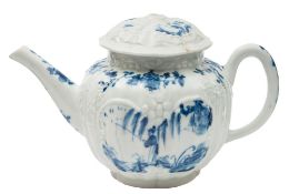 A First Period Worcester blue and white teapot and cover: of fluted form with moulded cartouches,